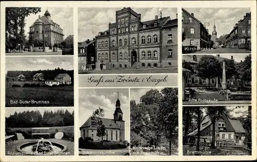 Ak Zwönitz im Erzgebirge Sachsen, Rathaus II, Rathaus, Johanniskirche, Brettmühle, alte Postsäule