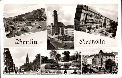 Ak Berlin Neukölln, Rathaus, Wildenbruchpark, Kirche, Hermannstr., Karl Marx Str. Klinke & Co. B 692