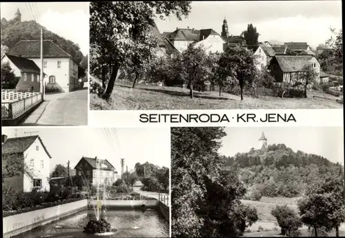 Ak Seitenroda Thüringen, Panorama vom Ort, Straßenpartie, Springbrunnen, Schloss