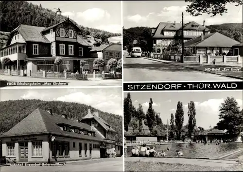 Ak Sitzendorf in Thüringen, FDGB Erholungsheim Max Kirchner, HO Hotel Zur Linde, Bahnhof, Bad