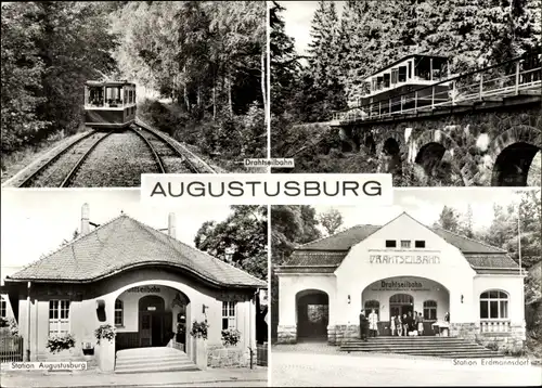 Ak Augustusburg im Erzgebirge, Drahtseilbahn, Station Augustusburg, Station Erdmannsdorf