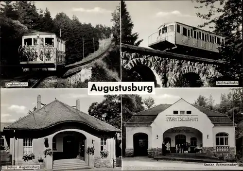 Ak Augustusburg im Erzgebirge, Drahtseilbahn, Station Augustusburg, Station Erdmannsdorf