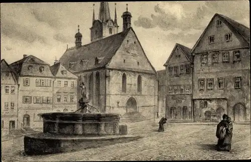 Künstler Ak Pößneck in Thüringen, Alt-Pössneck, Marktplatz, Brunnen