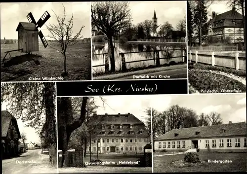 Ak See Niesky in der Oberlausitz, Kleine Windmühle, POS, Kindergarten, Genesungsheim Heideland