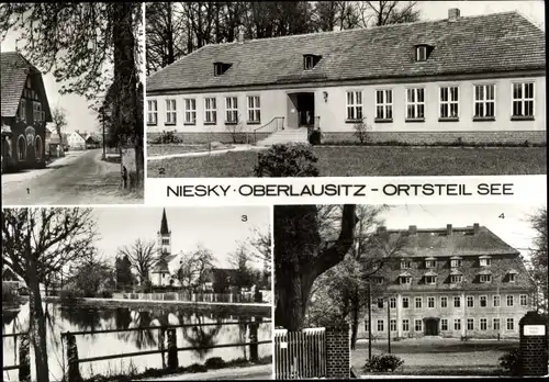 Ak  See Niesky in der Oberlausitz, Genesungsheim Heideland, Kindergarten, Dorfteich