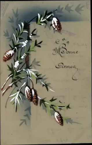 Zelluloid Ak Glückwunsch Neujahr, Tannenzweige, Zapfen