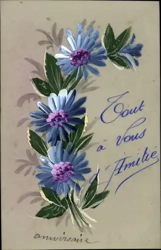 Zelluloid Ak Blaue Blumen, Tout a vous d'Amitie