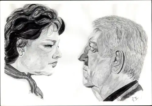 Ak Portrait Köpfe gezeichnet, Simone Signoret und Jean Gabin