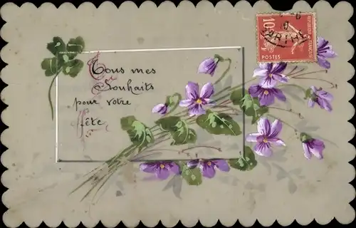 Zelluloid Ak Lila Blumen, Blumenstrauß