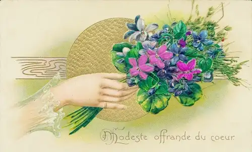 Präge Stoff Ak Modeste offrande du coeur, Weibliche Hand, Blumenstrauß