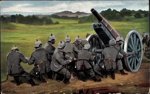 Künstler Ak Mailick, Deutsches Geschütz wird in Stellung gebracht, 1. WK