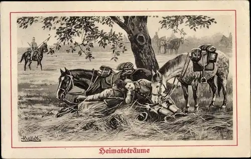 Künstler Ak Mailick, Heimatsträume, Deutsche Soldaten bei der Rast, Pferde