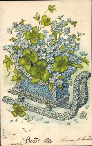 Präge Ak Schlitten aus Vergissmeinnicht, Kleeblätter