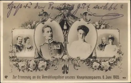 Passepartout Ak Vermählungsfeier des Kronprinzenpaares 1905, Cecilie, Wilhelm, Kaiserpaar