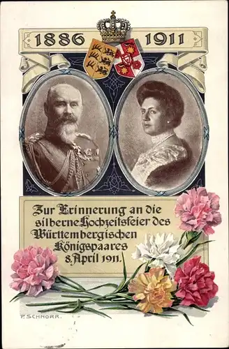 Ak König Wilhelm II. von Württemberg, Marie zu Waldeck und Pyrmont, Silberhochzeit 1911, Wappen