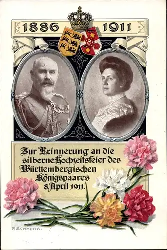 Ak König Wilhelm II. von Württemberg, Marie zu Waldeck und Pyrmont, Silberhochzeit 1911, Wappen