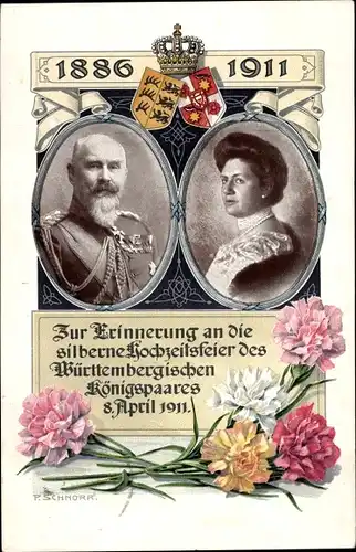 Ak König Wilhelm II. von Württemberg, Marie zu Waldeck und Pyrmont, Silberhochzeit 1911, Wappen