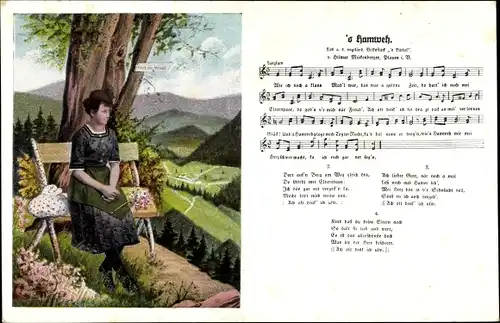 Lied Ak Mückenberger H., 'S Hamweh, Frau in Tracht auf einer Bank sitzend, Tracht Vogtland