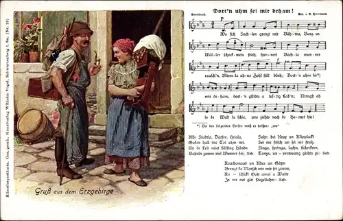 Lied Ak Vogel, Wilhelm, Dort'n uhm sei mir drham, Mann mit Pfeife, Klöpplerin, Erzgebirge