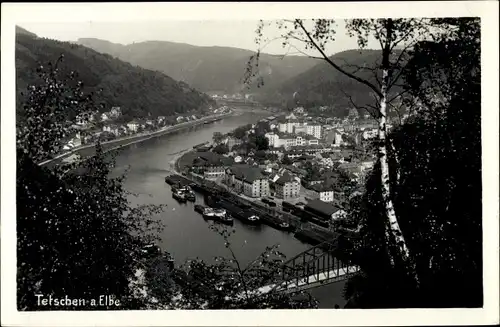 Ak Děčín Tetschen an der Elbe Region Aussig, Panorama vom Ort, Fluss, Brücke