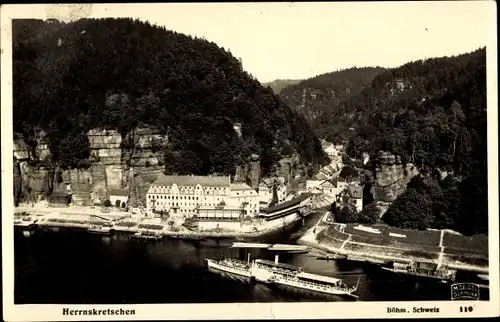 Ak Hřensko Herrnskretschen Elbe Region Aussig, Panorama vom Ort, Salondampfer