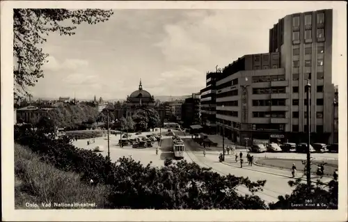Ak Oslo Norwegen, Vad Nationaltheatret, Straßenbahn