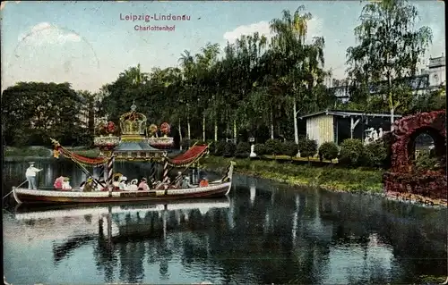 Ak Lindenau Leipzig in Sachsen, Charlottenhof, S. Maj. König Friedrich August Gondel, Überfahrt