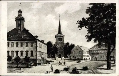 Künstler Ak Kölleda, Blick auf den Marktplatz mit Rathaus und Kirche