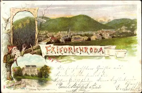 Litho Friedrichroda im Thüringer Wald, Panorama vom Ort, Schloss Reinhardsbrunn, Zwerg