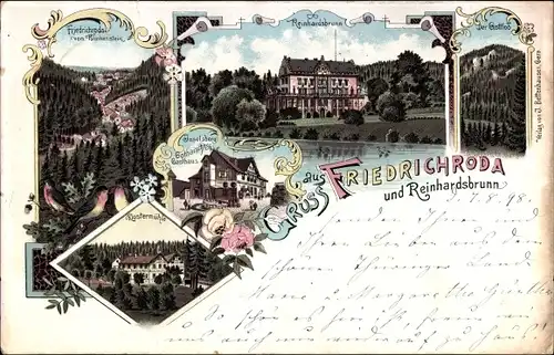 Litho Friedrichroda im Thüringer Wald, Reinhardsbrunn, Gottlob, Klostermühle, Inselsberg