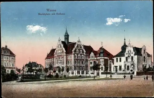 Ak Wanne Herne im Ruhrgebiet, Marktplatz mit Rathaus