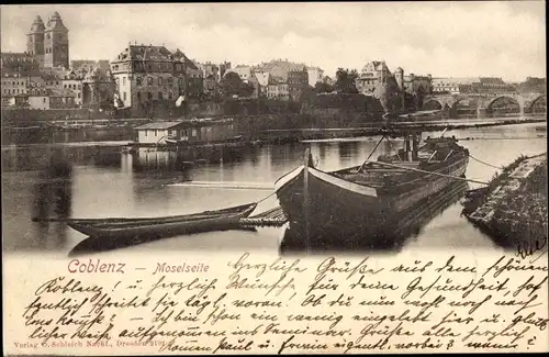 Ak Koblenz in Rheinland Pfalz, Mosel, Kahn am Ufer, Stadtblick