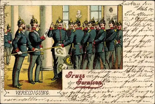 Litho Gruß aus der Garnison, Soldaten bei der Vereidigung