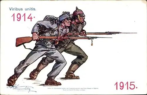 Künstler Ak Viribus unitis, 1914-1915, deutscher und kuk Soldat mit Bajonetten