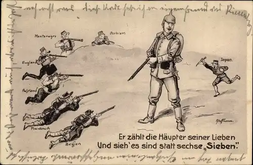Künstler Ak Er zählt die Häupter seiner Lieben, deutscher Soldat, Kriegseintritt Japan, Karikatur