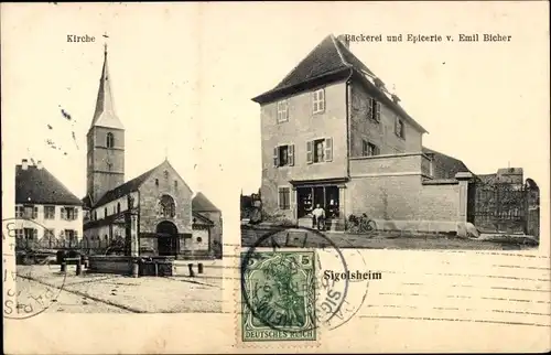 Ak Sigolsheim Siegolsheim Elsass Haut Rhin, Kirche, Bäckerei und Epicerie von Emil Bicher