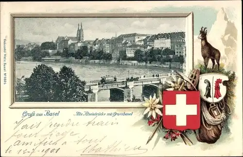Wappen Ak Basel Bâle Stadt Schweiz, Ziege, Alte Rheinbrücke mit Großbasel