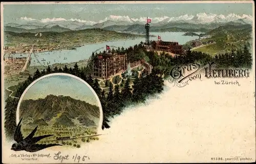 Vorläufer Litho Zürich Stadt Schweiz, Uetliberg, Panorama vom Ort