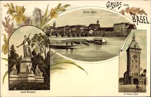 Litho Basel Bâle Stadt Schweiz, Jacob-Denkmal, St. Johann-Thor, Groß Basel