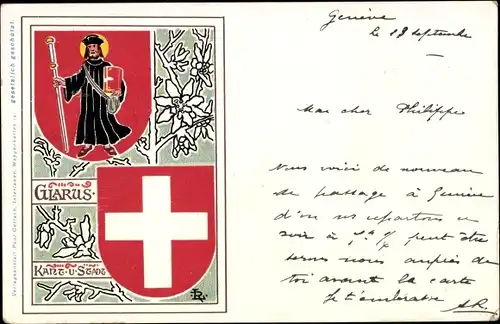 Wappen Ak Kanton Glarus Schweiz, Mann in schwarzem Gewand, Blumen