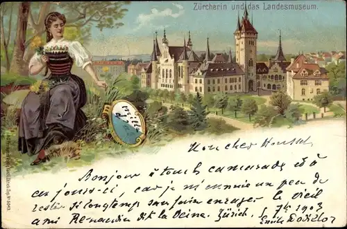 Wappen Litho Zürich Stadt Schweiz, Züricherin in Tracht, Landesmuseum