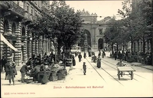 Ak Zürich Stadt Schweiz, Bahnhofstraße mit Bahnhof