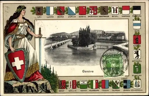 Präge Wappen Ak Genève Genf Schweiz, Blick auf die Stadt, Frau mit Schwert und Schutzschild