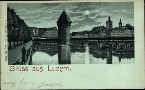 Mondschein Litho Luzern Stadt Schweiz, Brücke, Turm