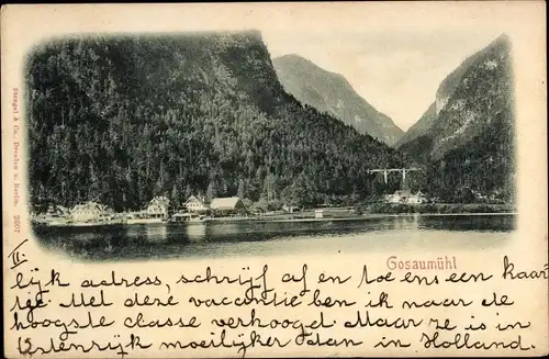 Ak Gosaumühl Salzburg, Blick zum Ort, See, Berge