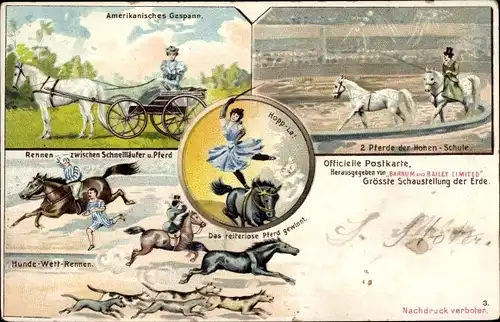 Litho Zirkus Schaustellung Barnum & Bailey, Pferdedressur, amerikan. Gespann, Rennen Pferd u. Läufer