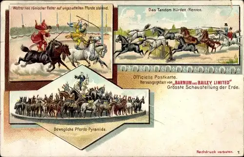 Litho Zirkus, Barnum and Bailey Ltd, Tandem Hürden Rennen, römische Reiter, Pferdepyramide