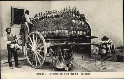 Ak Firenze Florenz Toscana, Barroccio del Vino, Costumi Toscani, Karren mit Weinflaschen