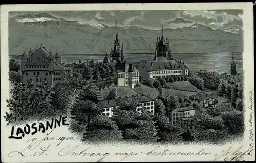 Mondschein Litho Lausanne Kanton Waadt Schweiz, Panorama