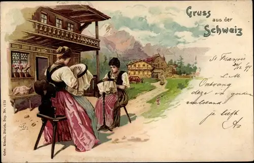 Litho Gruß aus der Schweiz, Frauen in Trachten beim Sticken